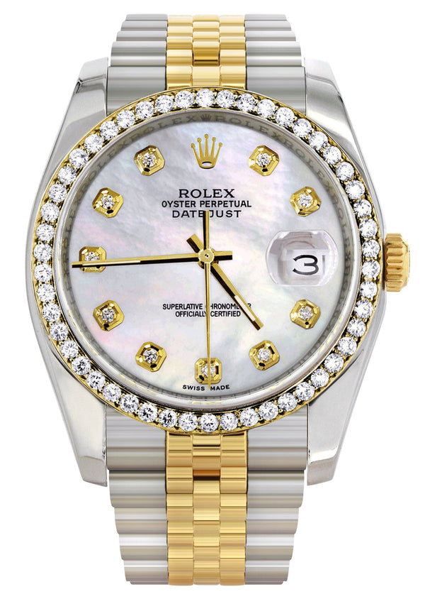 116233 | Hidden Clasp | Diamond Gold Rolex Watch For Men | 36Mm | White Mother Of Pearl | Jubilee Band