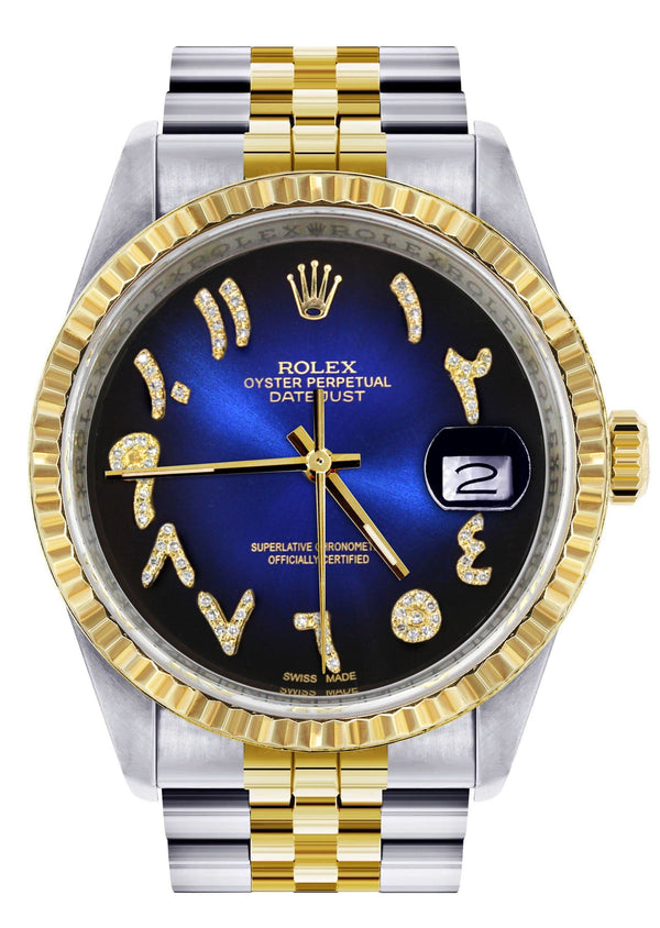 Mens Rolex Datejust Watch 16233 Two Tone | Fluted Bezel | 36Mm | Blue Black Arabic Dial | Jubilee Band