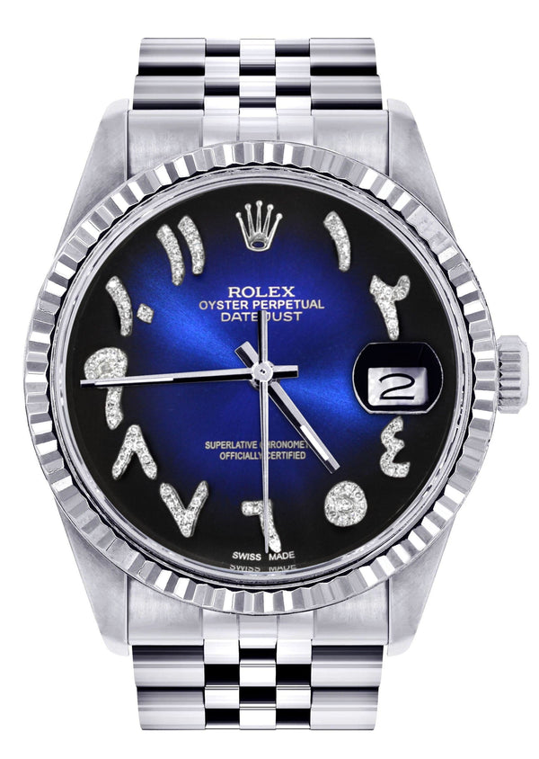 Mens Rolex Datejust Watch 16200 | Fluted Bezel | 36Mm | Blue Black Arabic Dial | Jubilee Band