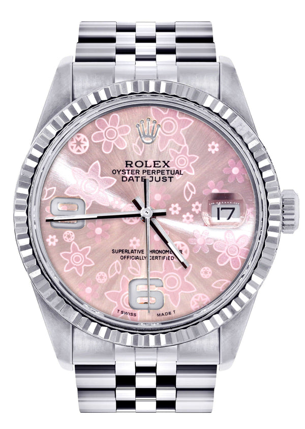 Mens Rolex Datejust Watch 16200 | Fluted Bezel | 36Mm | Pink Flower Dial | Jubilee Band
