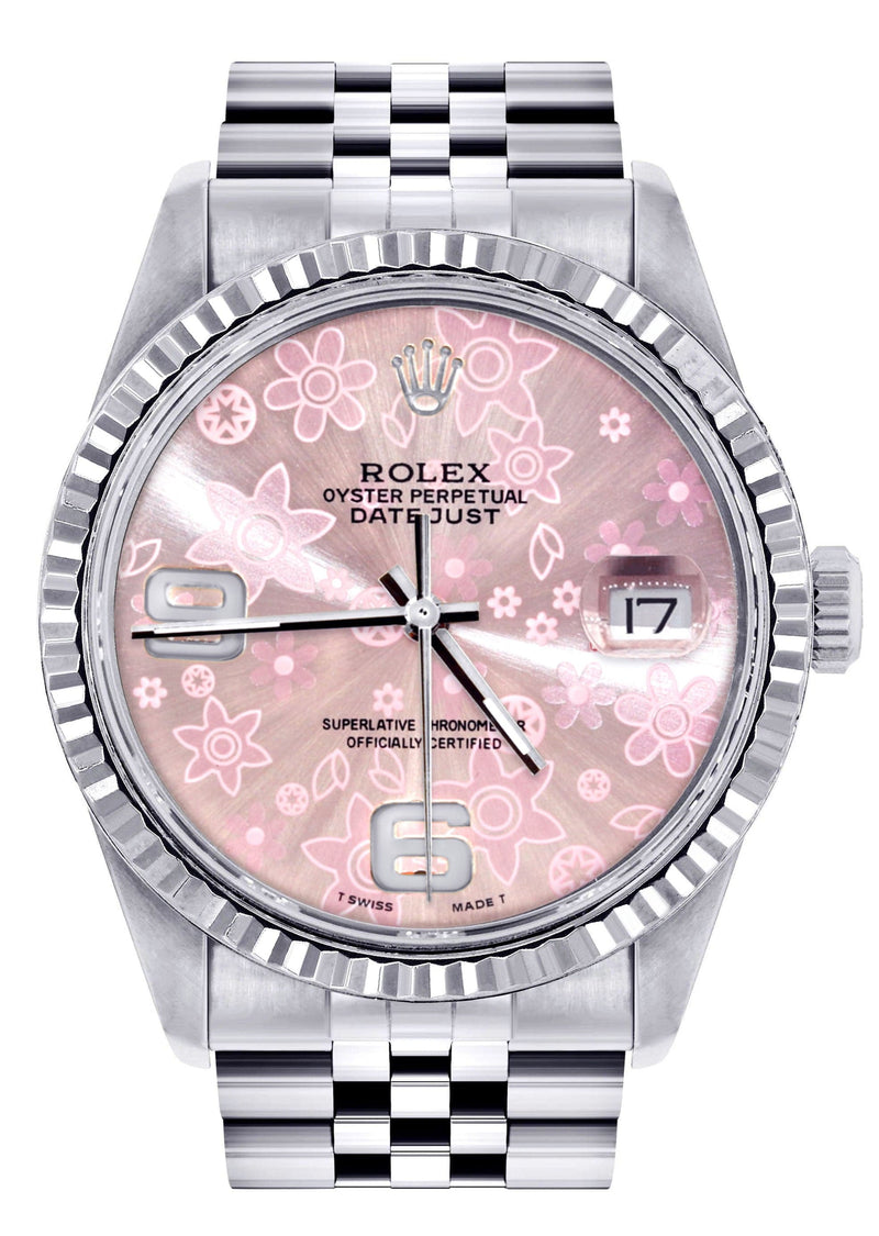 Mens Rolex Datejust Watch 16200 | Fluted Bezel | 36Mm | Pink Flower Dial | Jubilee Band