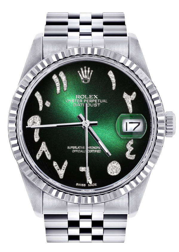 Mens Rolex Datejust Watch 16200 | Fluted Bezel | 36Mm | Green Black Arabic Dial | Jubilee Band