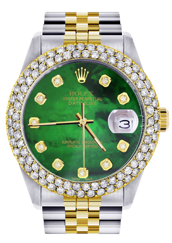 Diamond Gold Rolex Watch For Men 16233 | 36Mm | Green Mother of Pearl Dial | Two Row 4.25 Carat Bezel | Jubilee Band