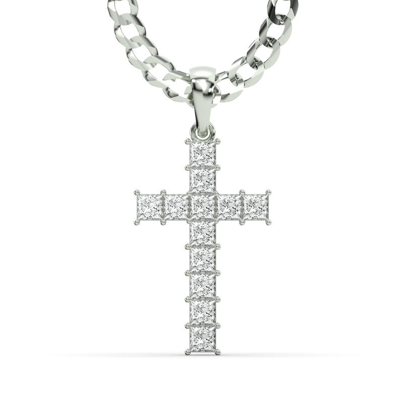 Men's VVS Princess Lab Diamond Customizable White Gold Cross Necklace Pendant