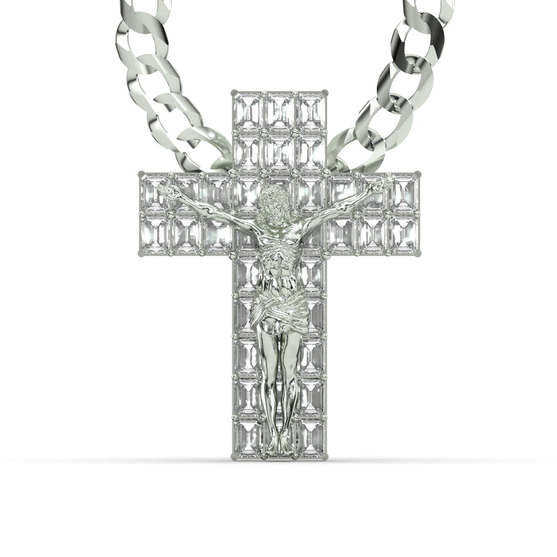 Men's VVS Lab Emerald Cut Diamond Customizable White Gold Cross Necklace Pendant