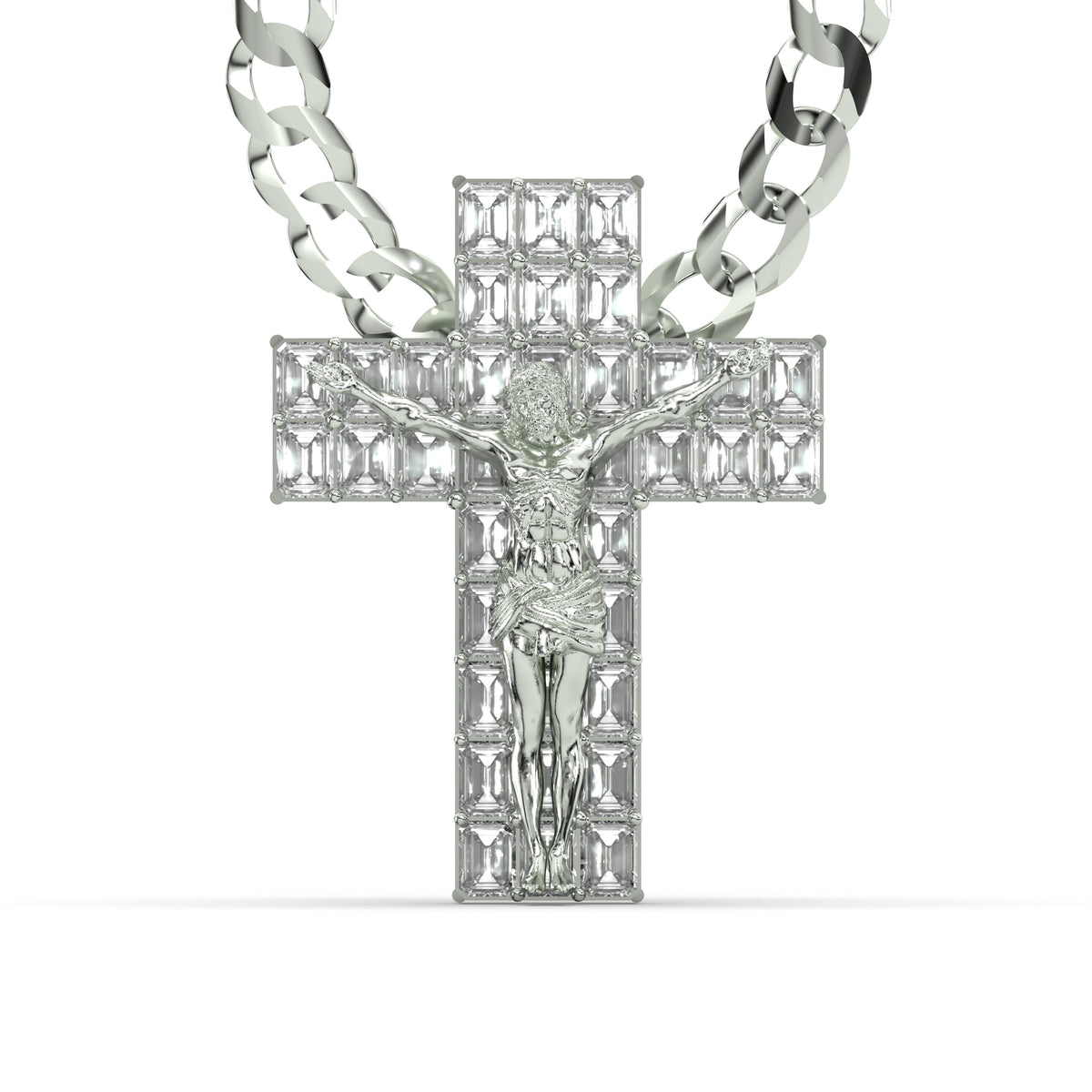 Men's VVS Lab Emerald Cut Diamond Customizable White Gold Cross Necklace Pendant