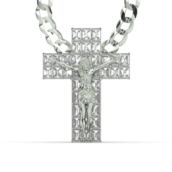 Men's VVS Lab Emerald Cut Diamond Customizable White Gold Cross Necklace Pendant