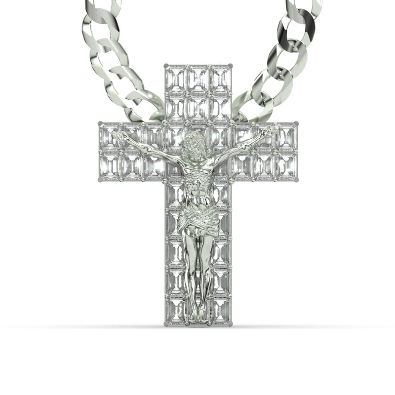 Men's VVS Lab Emerald Cut Diamond Customizable White Gold Cross Necklace Pendant