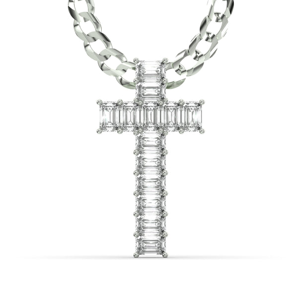 Men's Emerald Cut VVS Lab Diamond Customizable White Gold Cross Necklace Pendant