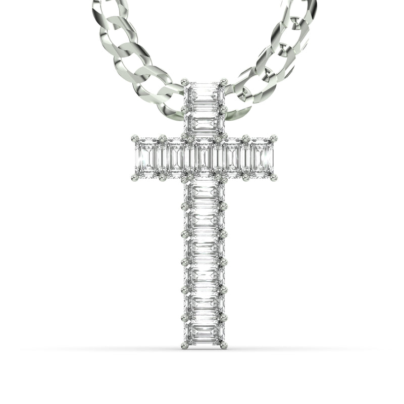 Men's Emerald Cut VVS Lab Diamond Customizable White Gold Cross Necklace Pendant