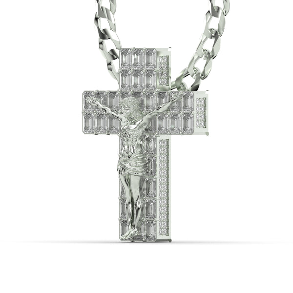 Men's VVS Lab Emerald Cut Diamond Customizable White Gold Cross Necklace Pendant