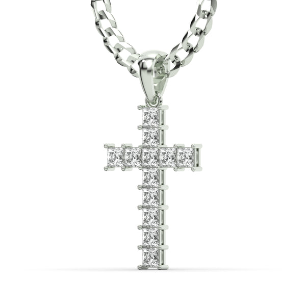 Men's VVS Princess Lab Diamond Customizable White Gold Cross Necklace Pendant