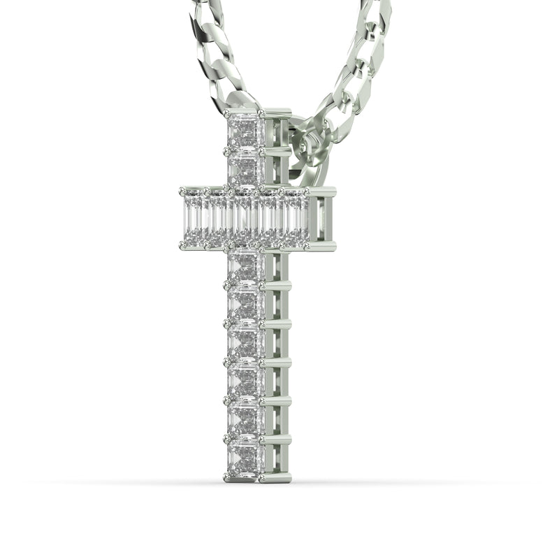 Men's Emerald Cut VVS Lab Diamond Customizable White Gold Cross Necklace Pendant