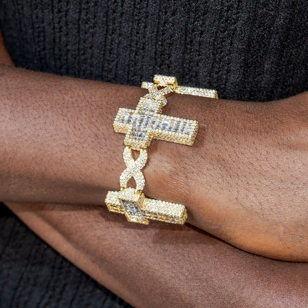 High End Jewelry - Iced Out Diamond Baguette Cross Bracelet