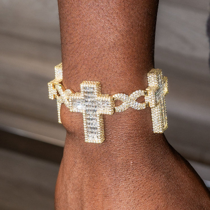 High End Jewelry - Iced Out Diamond Baguette Cross Bracelet