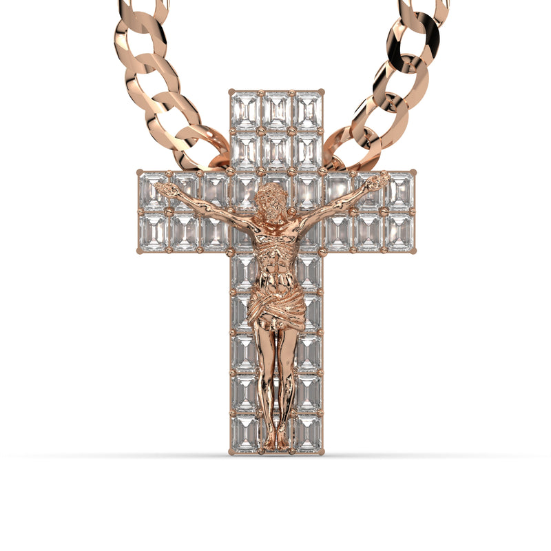 Men's VVS Lab Emerald Cut Diamond Customizable Rose Gold Cross Necklace Pendant