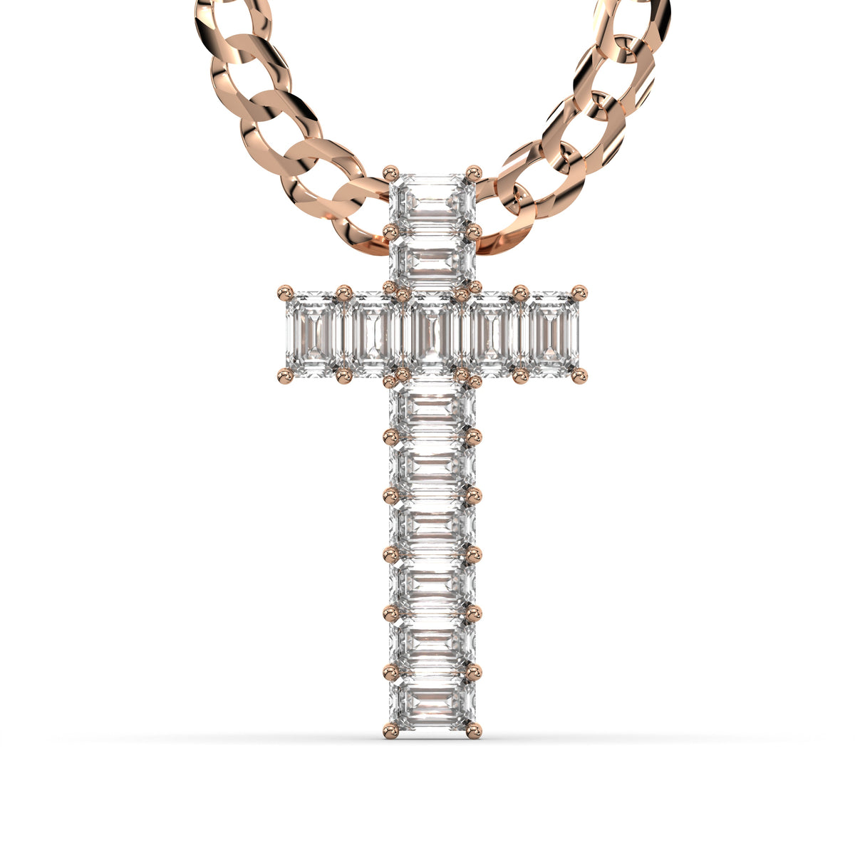 Men's Emerald Cut VVS Lab Diamond Customizable Rose Gold Cross Necklace Pendant