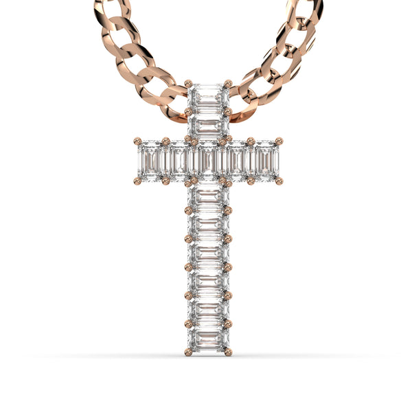 Men's Emerald Cut VVS Lab Diamond Customizable Rose Gold Cross Necklace Pendant