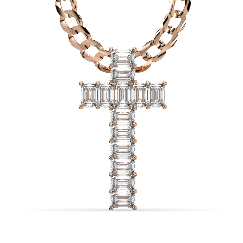Men's Emerald Cut VVS Lab Diamond Customizable Rose Gold Cross Necklace Pendant