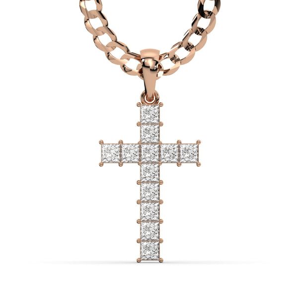 Men's VVS Princess Lab Diamond Customizable Rose Gold Cross Necklace Pendant