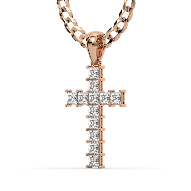 Men's VVS Princess Lab Diamond Customizable Rose Gold Cross Necklace Pendant