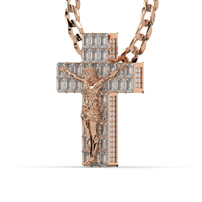 Men's VVS Lab Emerald Cut Diamond Customizable Rose Gold Cross Necklace Pendant