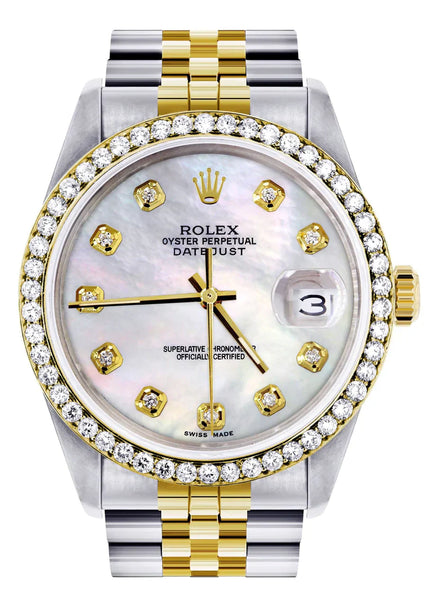 Diamond Gold Rolex Watch For Men 16233 | 36Mm | White Mother Of Pearl | Jubilee Band
