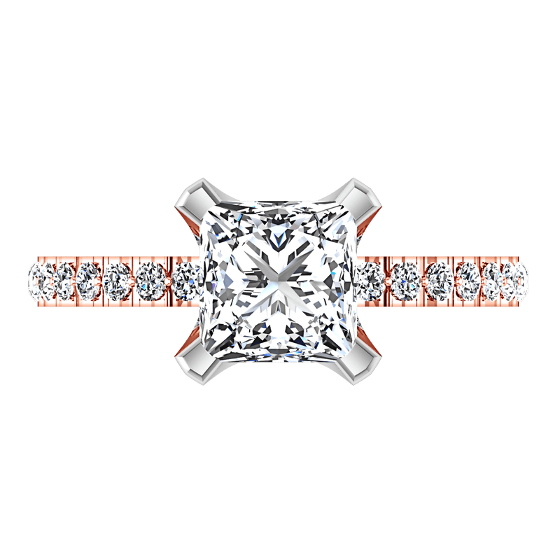Pave Diamond Princess Cut Engagement Ring Prima 14K Rose Gold