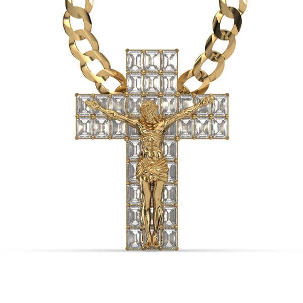 Men's VVS Lab Emerald Cut Diamond Customizable Yellow Gold Cross Necklace Pendant