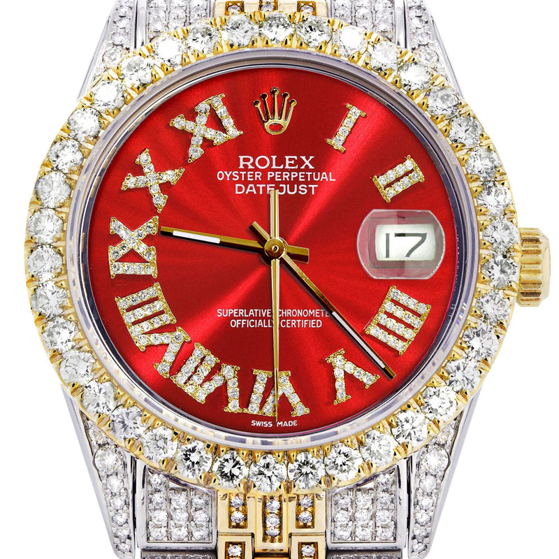Iced Out Rolex Datejust 36 MM | Two Tone | 10 Carats of Diamonds | Red Roman Diamond Dial