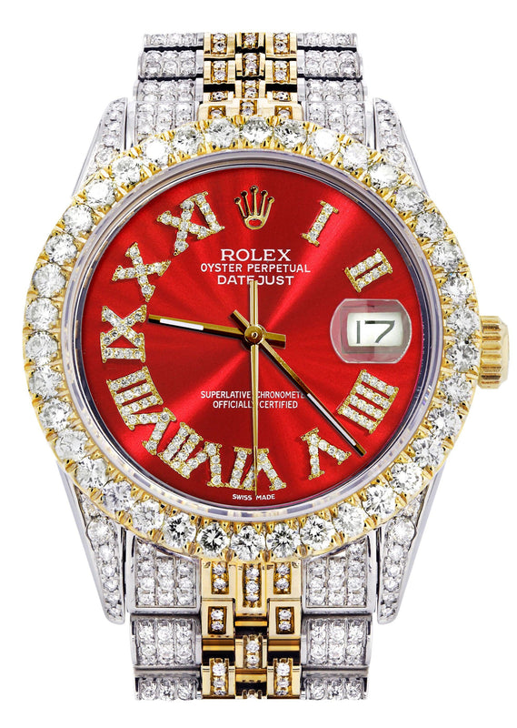 Iced Out Rolex Datejust 36 MM | Two Tone | 10 Carats of Diamonds | Red Roman Diamond Dial