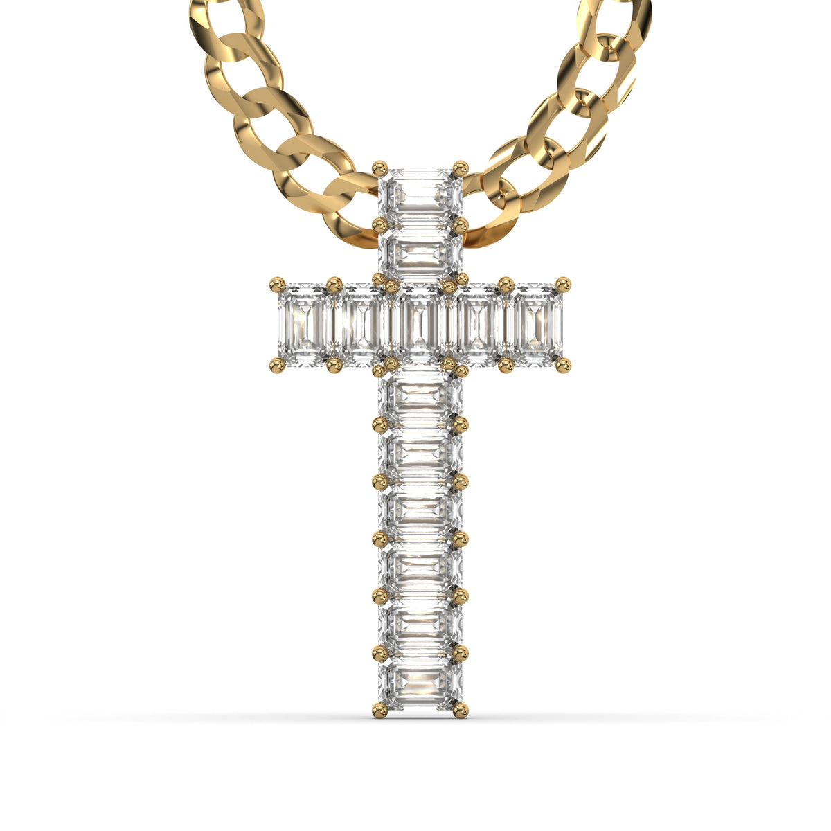 Men's Emerald Cut VVS Lab Diamond Customizable Yellow Gold Cross Necklace Pendant