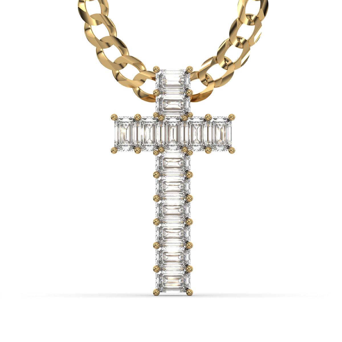Men's Emerald Cut VVS Lab Diamond Customizable Yellow Gold Cross Necklace Pendant