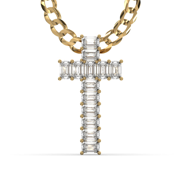 Men's Emerald Cut VVS Lab Diamond Customizable Yellow Gold Cross Necklace Pendant