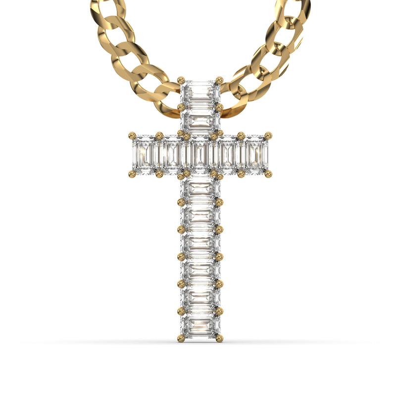 Men's Emerald Cut VVS Lab Diamond Customizable Yellow Gold Cross Necklace Pendant