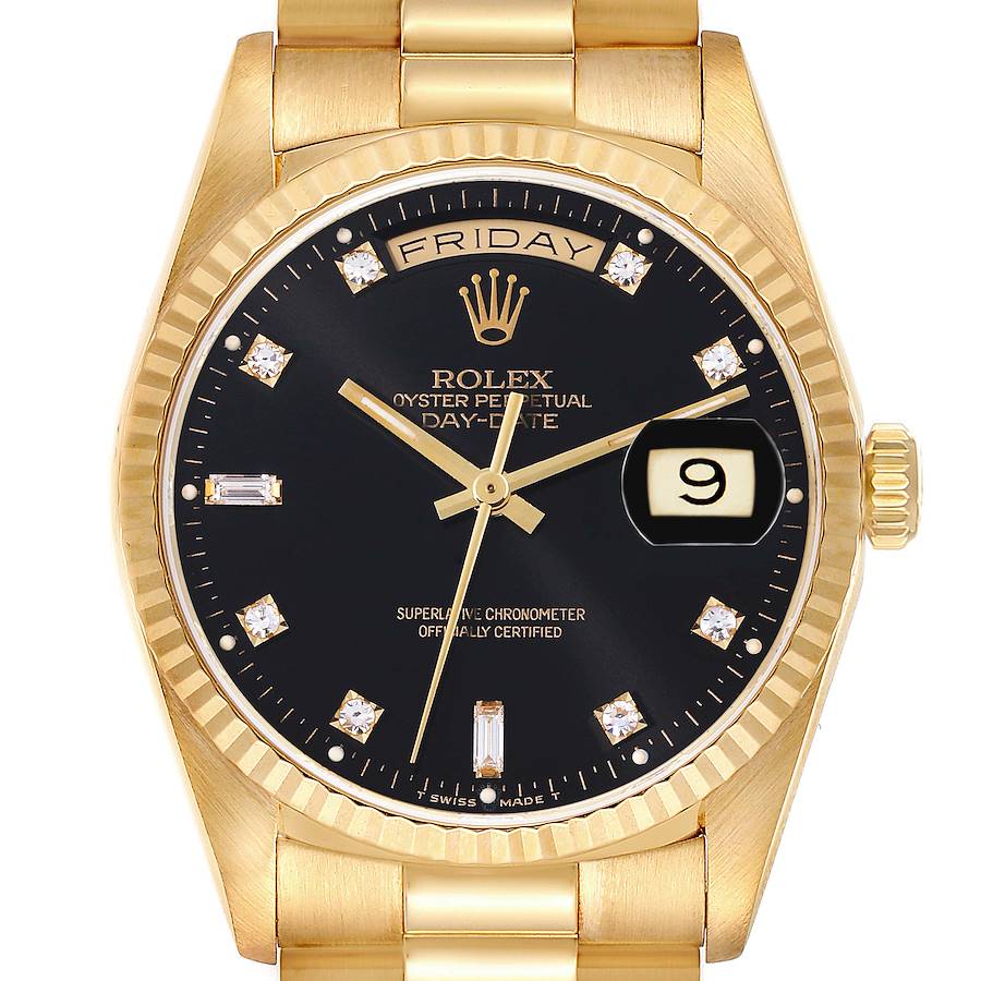 Rolex President Day-Date Watch 18038 for Men | 36MM | Yellow Gold Black Diamond Dial | 18K