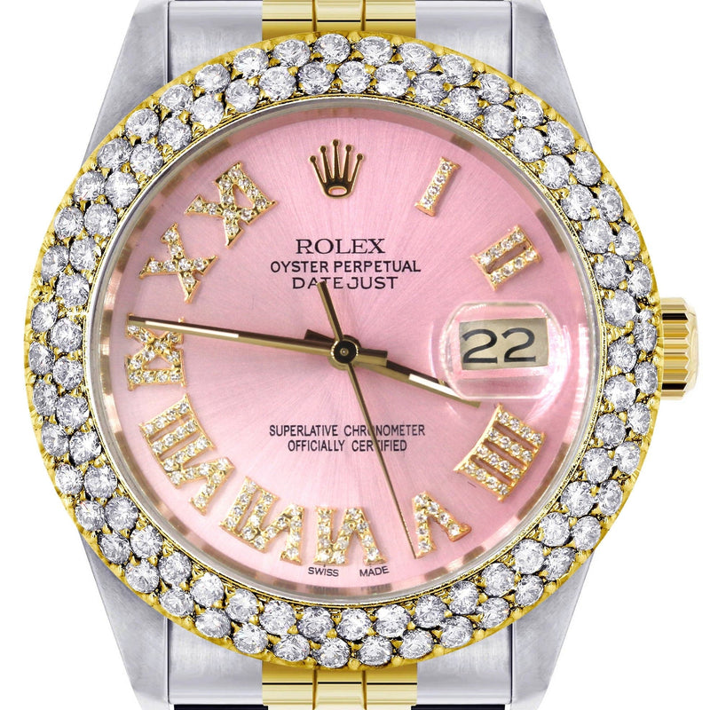 Diamond Gold Rolex Watch For Women 16233 | 36Mm | Pink Roman Numeral Dial | Two Row 4.25 Carat Bezel | Jubilee Band
