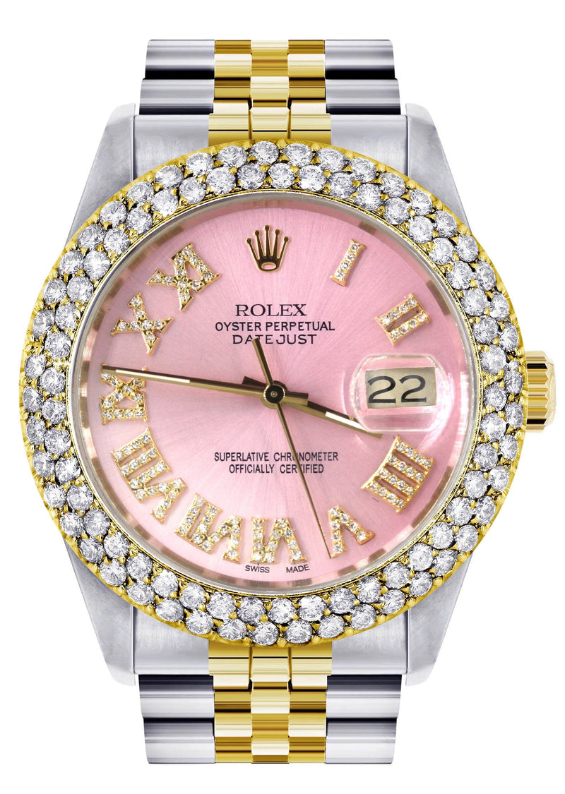 Diamond Gold Rolex Watch For Women 16233 | 36Mm | Pink Roman Numeral Dial | Two Row 4.25 Carat Bezel | Jubilee Band