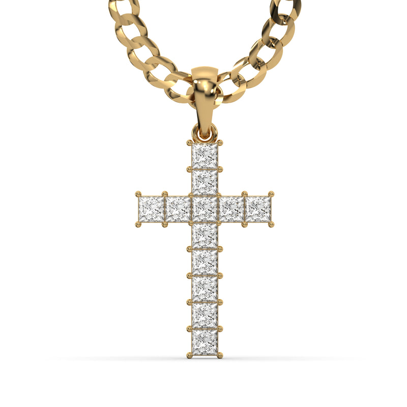 Men's VVS Princess Lab Diamond Customizable Yellow Gold Cross Necklace Pendant