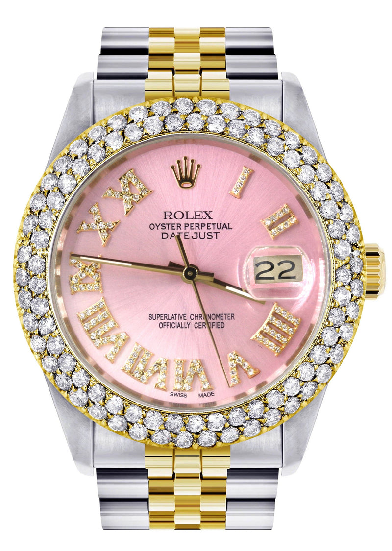 Diamond Gold Rolex Watch For Men 16233 | 36Mm | Pink Roman Numeral Dial | Two Row 4.25 Carat Bezel | Jubilee Band