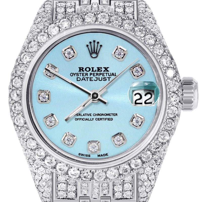 Womens Diamond Stainless Steel Rolex Watch | 26Mm | Light Blue Dial | Jubilee Band