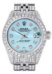 Womens Diamond Stainless Steel Rolex Watch | 26Mm | Light Blue Dial | Jubilee Band