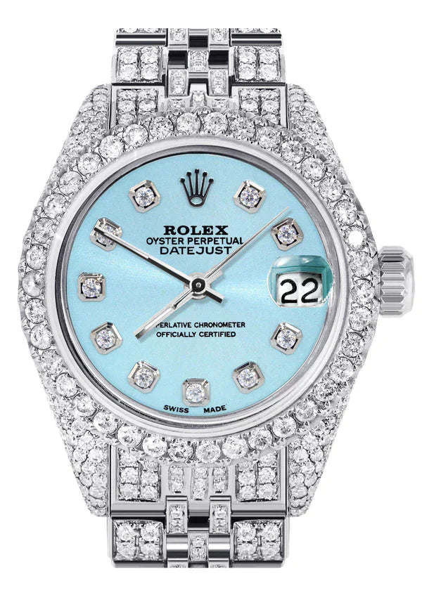 Full Diamond Bust Down Rolex Datejust Watch for Women | 1 Carat Bezel | 26MM | Light Blue Diamond Dial | Jubilee Band