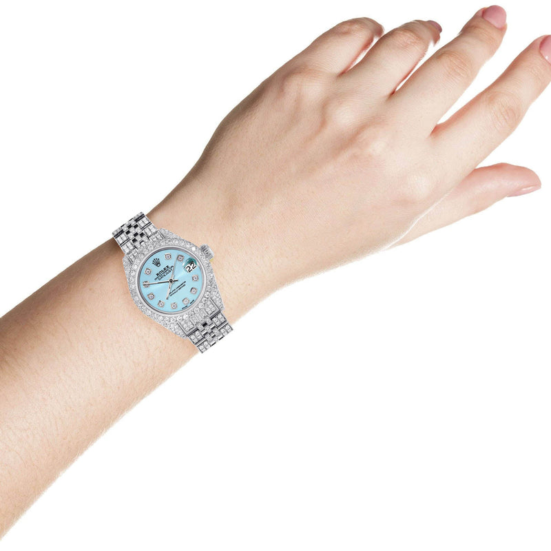 Womens Diamond Stainless Steel Rolex Watch | 26Mm | Light Blue Dial | Jubilee Band