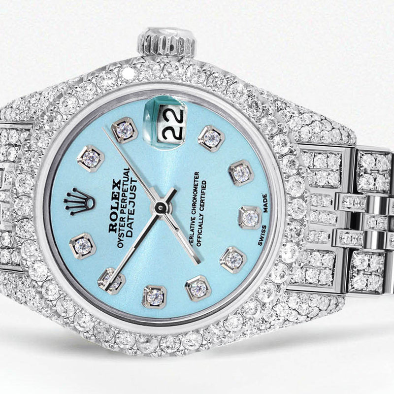 Womens Diamond Stainless Steel Rolex Watch | 26Mm | Light Blue Dial | Jubilee Band