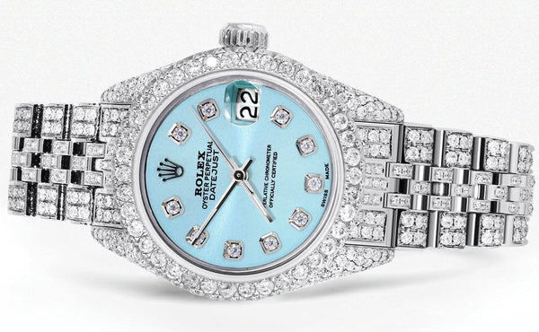 Full Diamond Bust Down Rolex Datejust Watch for Women | 1 Carat Bezel | 26MM | Light Blue Diamond Dial | Jubilee Band