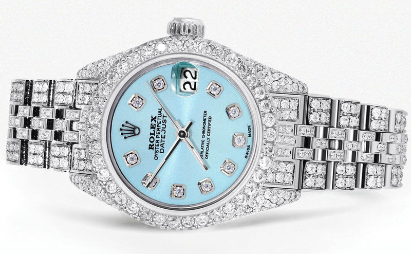 Womens Diamond Stainless Steel Rolex Watch | 26Mm | Light Blue Dial | Jubilee Band
