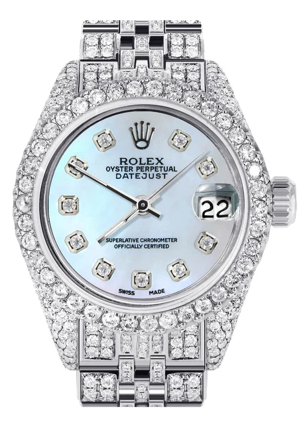 Full Diamond Bust Down Rolex Datejust Watch for Women | 1 Carat Bezel | 26MM | Blue Mother of Pearl Diamond Dial | Jubilee Band