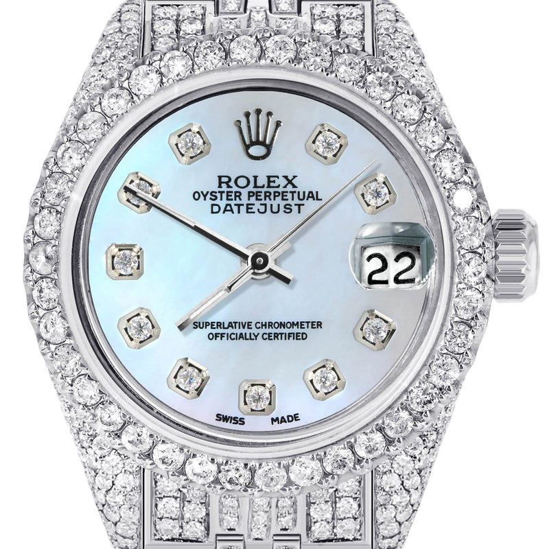Womens Diamond Stainless Steel Rolex Watch | 26Mm | Light Blue Mother Of Pearl Dial | Jubilee Band