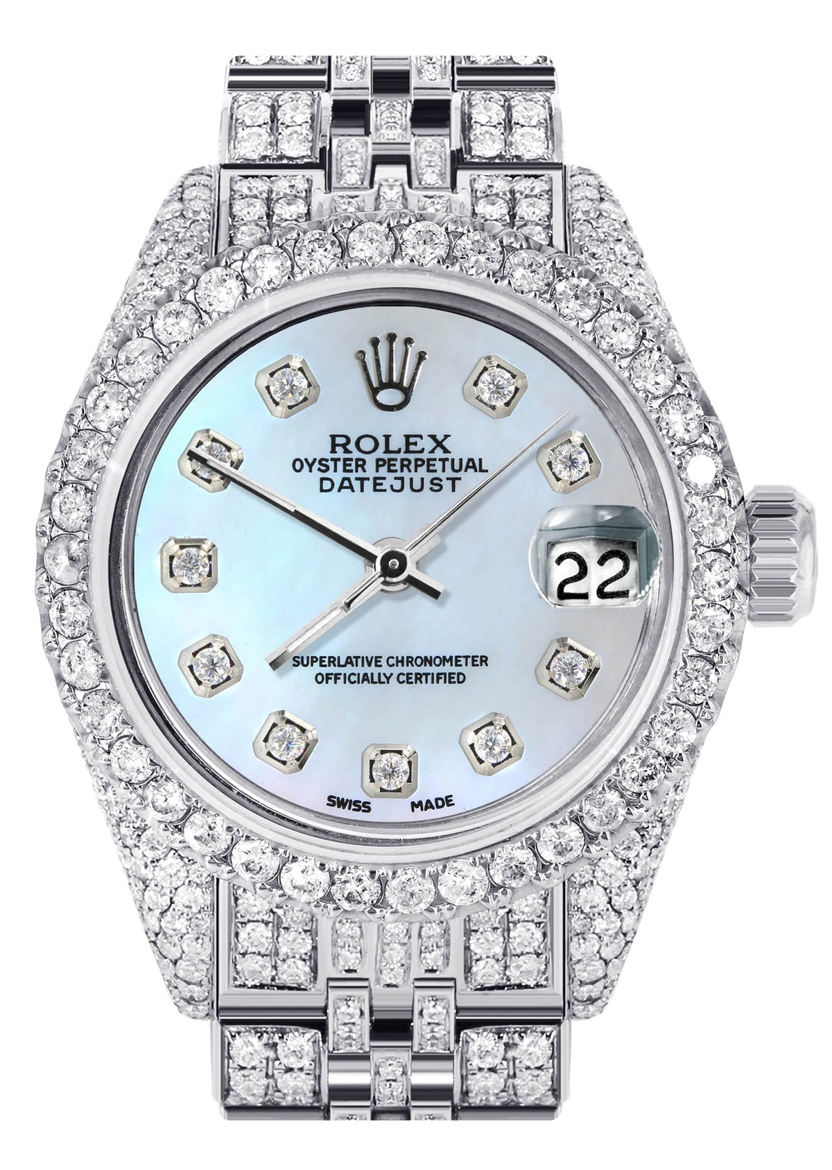Womens Diamond Stainless Steel Rolex Watch | 26Mm | Light Blue Mother Of Pearl Dial | Jubilee Band